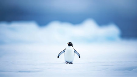 Lonely penguin walking across the snow, surrounded by endless white landscape and distant icy hillsの素材