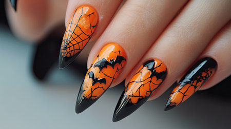 Elegant woman's fingernails with gel polish in orange and black, decorated with tiny bats and spiderweb designs for Halloween styleの素材