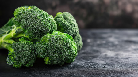 Freshly harvested organic broccoli on a dark table, dramatic lighting enhancing its natural colorの素材