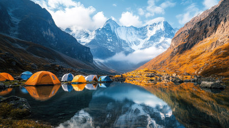 Group of tents at a picturesque mountain campsite, with a crystal-clear lake reflecting the towering peaks nearbyの素材