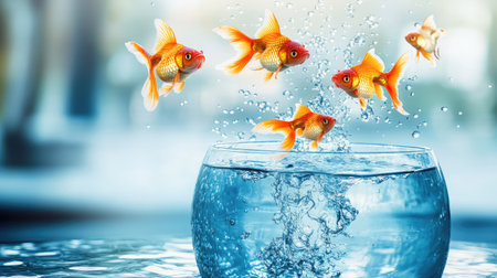 Energetic goldfish jumping high from a fish bowl with water droplets suspended in air, emphasizing freedom and motionの素材
