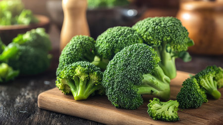 Fresh organic broccoli heads displayed on a cutting board over a kitchen table, ready for cookingの素材