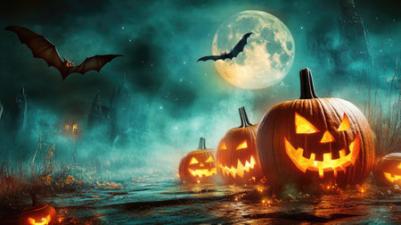 Glowing pumpkin lanterns with intricate carvings, bats soaring in the moonlit background, mist swirling around for a mysterious Halloween sceneの素材