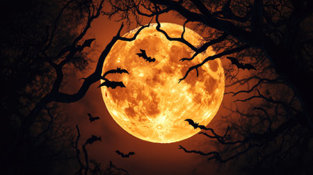 Large full moon framed by twisted tree branches, bats flying in silhouette, creating a haunting Halloween vibeの素材