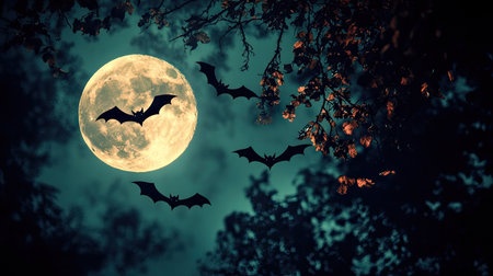 Full moon shining brightly in a dark Halloween night sky, silhouettes of bats flying across, casting a spooky and magical atmosphereの素材