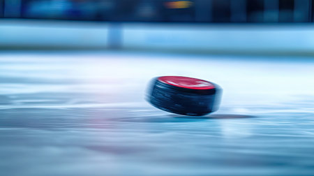 Hockey puck frozen mid-motion on smooth ice, background blurred to emphasize speed and actionの素材