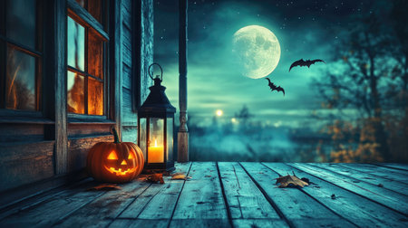 Halloween lanterns glowing warmly on an old wooden porch, bats flapping across the twilight sky with a full moon in the distanceの素材