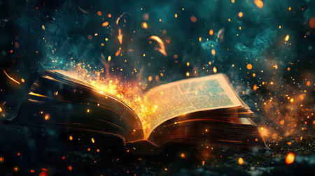Fantasy scene with an open book and vibrant sparks flying into the air, evoking wonder and enchantmentの素材