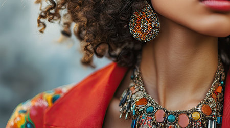 Fashion close-up of a woman with a bold statement necklace, capturing the textures, colors, and stylish aestheticの素材