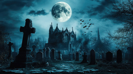 Full moon rising above a haunted graveyard, bats darting across the night sky, creating a spine-chilling Halloween sceneの素材