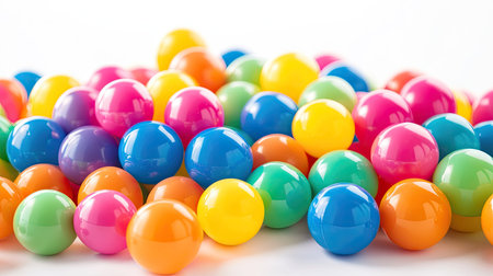 Heap of vibrant plastic balls in rainbow colors, isolated on pure white background for fun and cheerful compositionsの素材