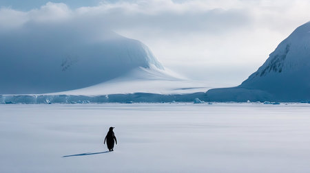 Lonely penguin walking across the snow, surrounded by endless white landscape and distant icy hillsの素材