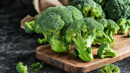 Fresh organic broccoli heads displayed on a cutting board over a kitchen table, ready for cookingの素材