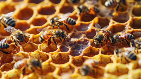 Inside the beehive, vibrant honeycomb filled with honey and buzzing bees, illuminated by soft natural lightの素材