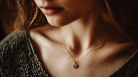 Intimate close-up of a woman's neck with a charm necklace, blurred background for a dreamy, soft lookの素材