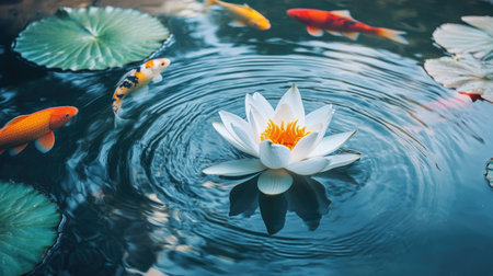 Lotus flower floating on still pond water, colorful fish creating gentle ripples underneath in a calm nature sceneの素材