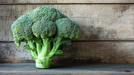 Fresh organic broccoli placed on a rustic wooden table, vibrant green color highlighted by soft natural lightの素材