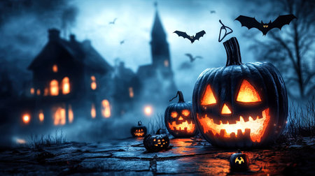 Glowing lanterns carved with spooky faces, bats swooping through the misty air, with silhouettes of haunted houses in the backgroundの素材
