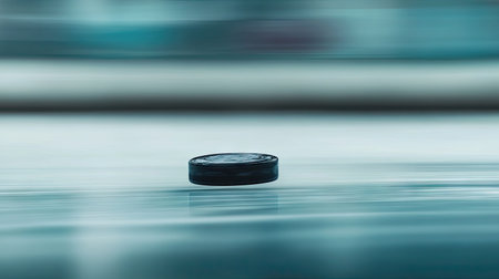 Hockey puck frozen mid-motion on smooth ice, background blurred to emphasize speed and actionの素材