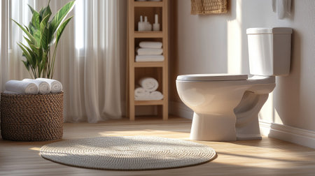 Minimalist bathroom scene with a sleek toilet bowl, soft towels, and neutral decor in a cozy home settingの素材