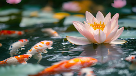 Lotus flower petals open wide on a serene pond, with koi fish in bright colors circling below in harmonyの素材