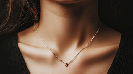 Minimalist close-up of a woman's neckline with a thin silver chain, clean background emphasizing simplicity and eleganceの素材