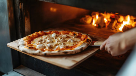 Hands removing a golden-brown pizza from an electric pizza oven using a wooden peel, fresh and appetizingの素材