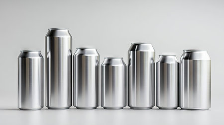 Group of polished metal cans standing upright on a white background, showcasing industrial design and clean linesの素材