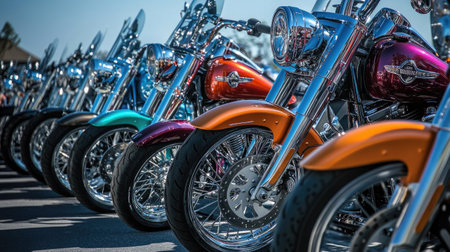 Motorcycles lined up in perfect order, reflecting vibrant colors and polished details under a clear skyの素材