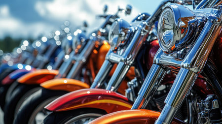 Motorcycles lined up in perfect order, reflecting vibrant colors and polished details under a clear skyの素材