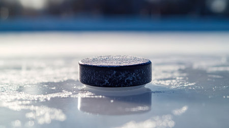 Isolated hockey puck sitting on the white ice rink surface, shallow depth of field for dramatic focusの素材