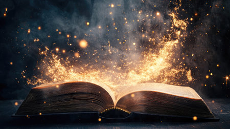 Magical sparks and fairy dust bursting from the pages of an open book, creating a whimsical fantasy atmosphereの素材