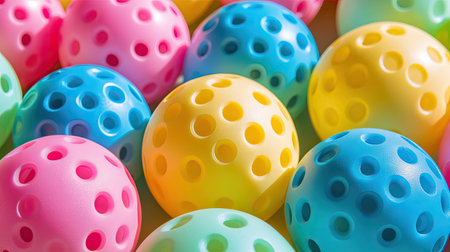 Group of colorful pickleball balls in yellow, pink, blue, and green, arranged in a playful compositionの素材