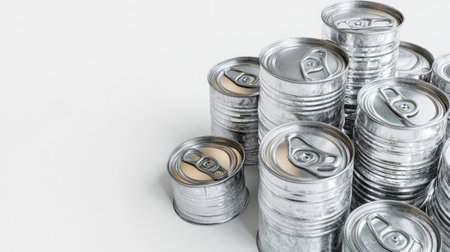 Multiple empty metal cans stacked and scattered on a white background, emphasizing texture and metallic shineの素材
