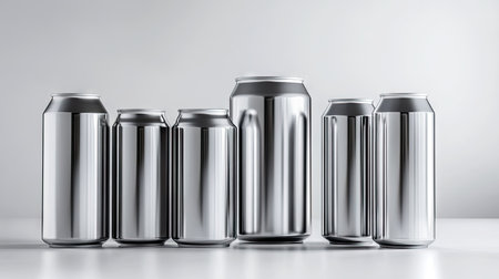 Group of polished metal cans standing upright on a white background, showcasing industrial design and clean linesの素材