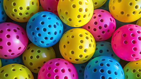 Group of colorful pickleball balls in yellow, pink, blue, and green, arranged in a playful compositionの素材