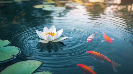 Lotus flower floating on still pond water, colorful fish creating gentle ripples underneath in a calm nature sceneの素材