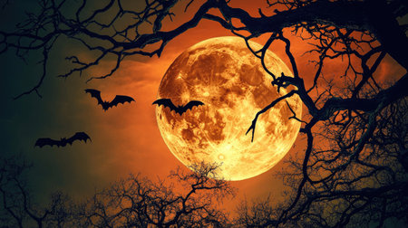 Large full moon framed by twisted tree branches, bats flying in silhouette, creating a haunting Halloween vibeの素材