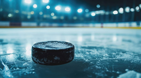 Low-angle shot of a hockey puck on the rink, ice scratches visible for a realistic game feelの素材