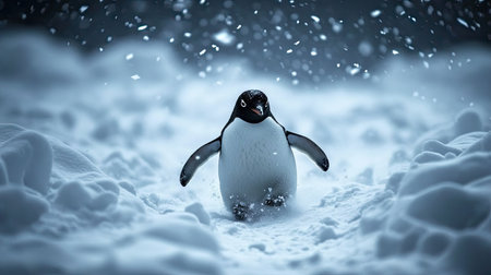 Penguin making its way across deep snow, with wind gently blowing snowflakes through the cold winter airの素材