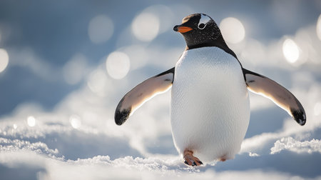Penguin trekking across a snowy plain, the texture of the snow detailed under bright daylightの素材