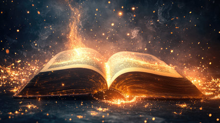 Mystical sparks rising from the pages of a glowing open book, creating an aura of magic and mysteryの素材