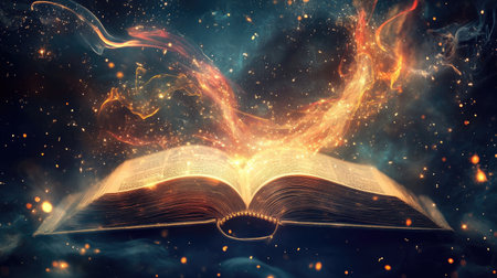 Open book with bright magical sparks flying upward, surrounded by swirling light effects and enchanting atmosphereの素材
