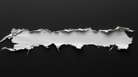 Horizontal torn strip of paper with visible fibers and frayed edges, cleanly isolated on deep black backgroundの素材
