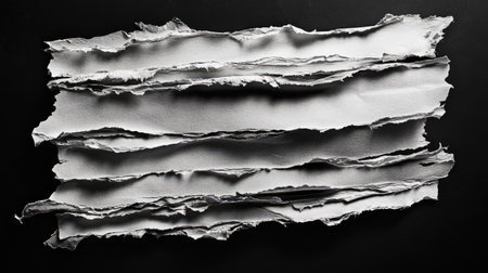 Multiple layers of torn paper edges stacked, isolated on black background, creating depth and texture detailの素材