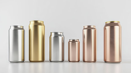 Metallic cans in different sizes arranged symmetrically on a plain white backdrop, perfect for packaging presentationsの素材