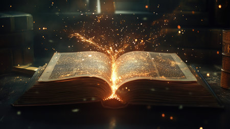 Open old book with radiant sparks erupting from the center, illuminating a shadowy room with magical lightの素材