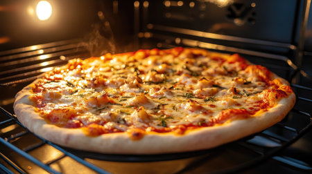 Homemade pizza cooking inside an electric oven with bright heating elements visible, melting cheese and crisp crustの素材