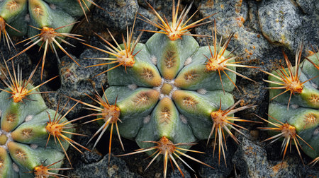 Close-up of cactus areoles forming repetitive star-like patterns, each cluster surrounded by sharp needles on textured surfaceの素材