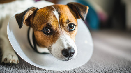 Close-up of a dog with a protective cone around its neck, soft indoor lighting highlighting its eyesの素材